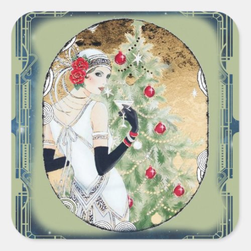 Christmas Flapper Girl With Drink and Tree Square Sticker