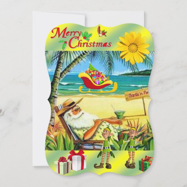Christmas Flat Greeting Card, Summer Beach Santa Card (Front)