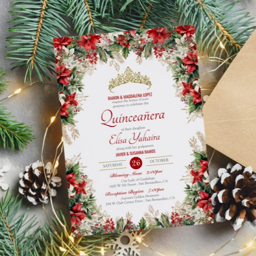 Christmas Flor de Pascua Red Holiday Quinceanera Invitation