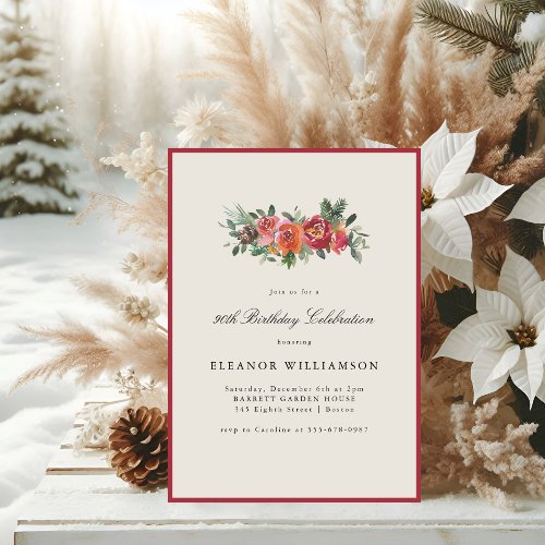 Christmas Floral 90th Birthday Elegant Winter Invitation