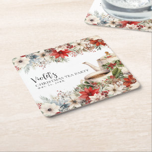 Christmas Floral Afternoon Tea Holiday Party Square Paper Coaster