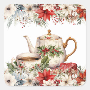 Christmas Floral Afternoon Tea Holiday Party Square Sticker