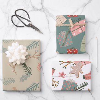 Christmas Floral and Gifts Mix of 3 Wrapping Paper Sheets