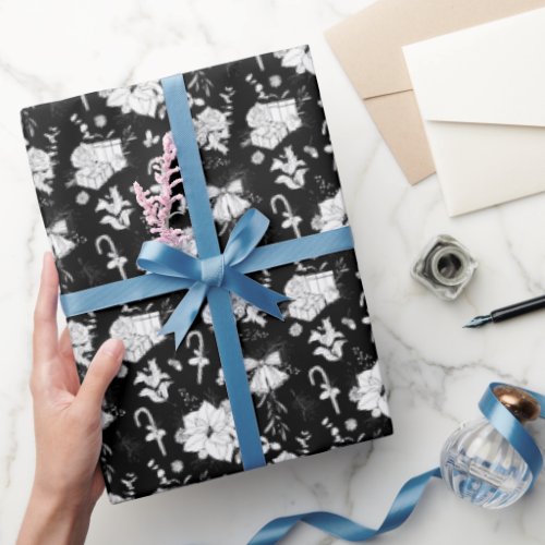Christmas Floral and Goodies Black and White  Wrapping Paper
