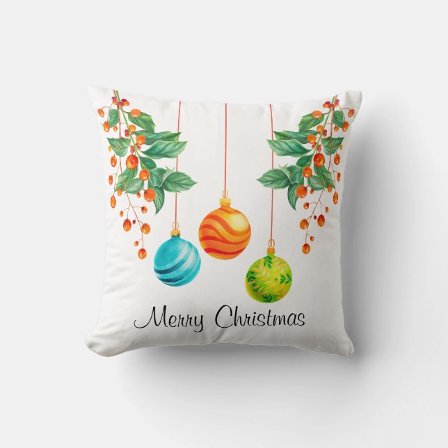 Christmas Floral And Ornaments Throw Pillow (Front)
