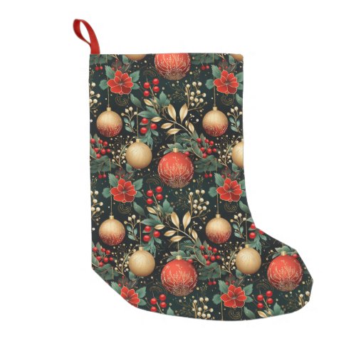 Christmas Floral Berry Gold Red Green Pattern Small Christmas Stocking