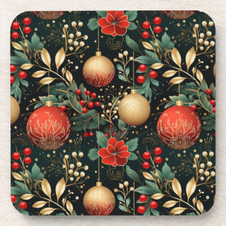 Christmas Floral Berry Gold Red Ornament Beverage Coaster