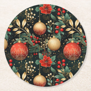 Christmas Floral Berry Gold Red Ornament   Round Paper Coaster