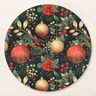 Christmas Floral Berry Gold Red Ornament Round Paper Coaster