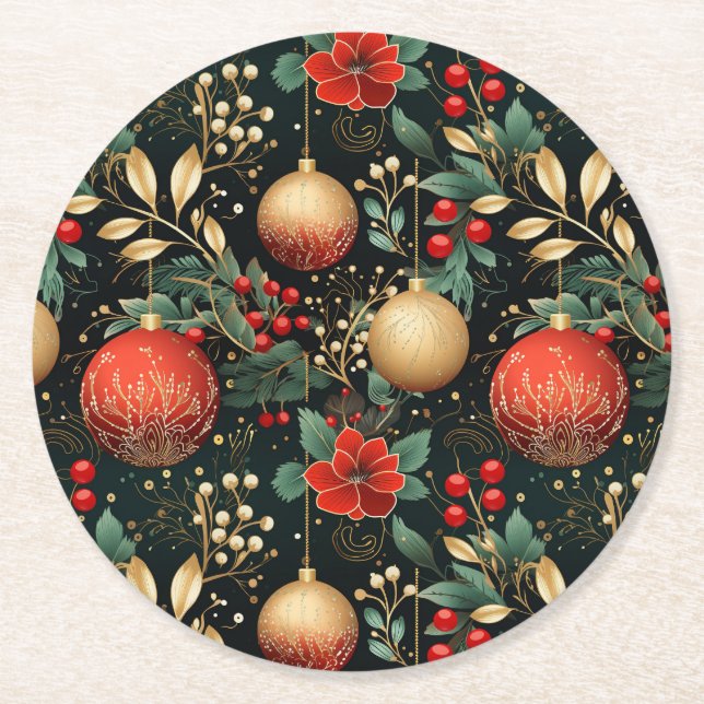 Christmas Floral Berry Gold Red Ornament   Round Paper Coaster (Front)