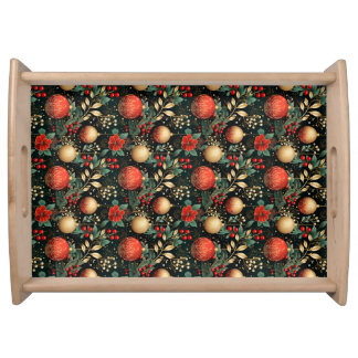 Christmas Floral Berry Gold Red Ornament Serving Tray