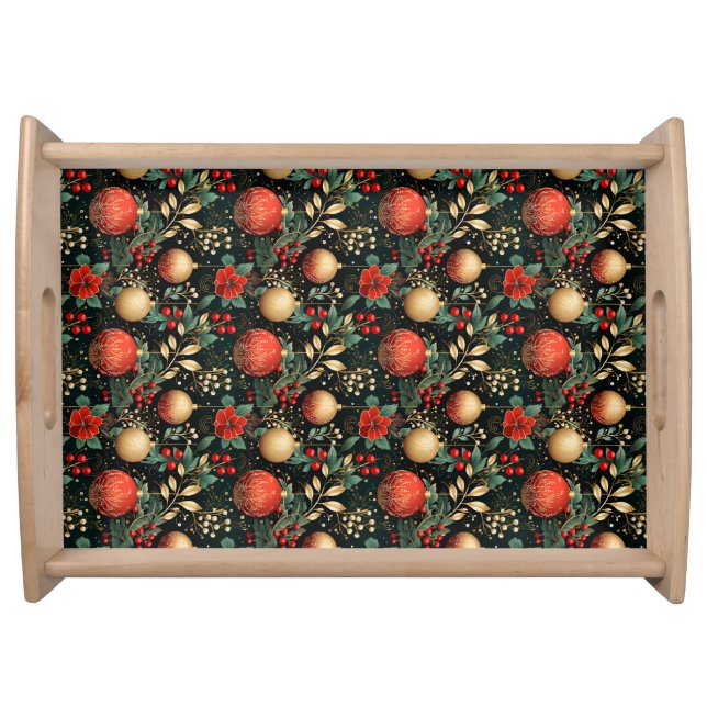 Christmas Floral Berry Gold Red Ornament   Serving Tray (Front)