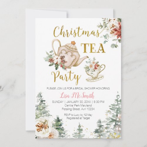 Christmas Floral Bridal Shower Tea Party  Invitation