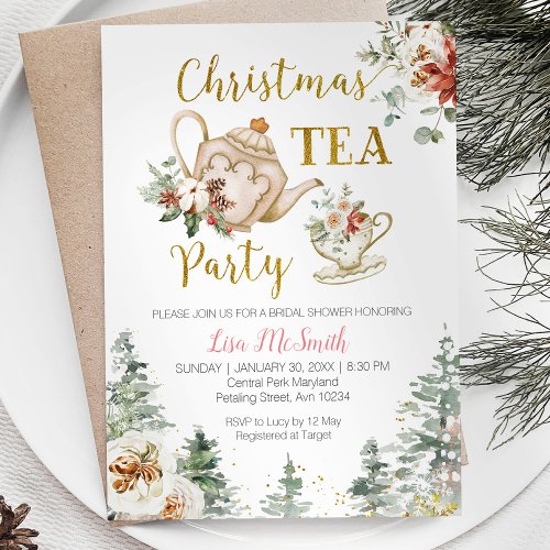 Christmas Floral Bridal Shower Tea Party  Invitation