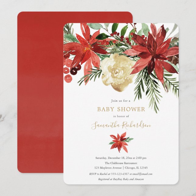 Christmas floral burgundy gold ivory baby shower invitation (Front/Back)