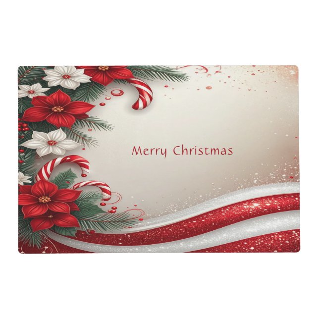Christmas Floral Candy Cane Holiday Paper Placemat (Front)
