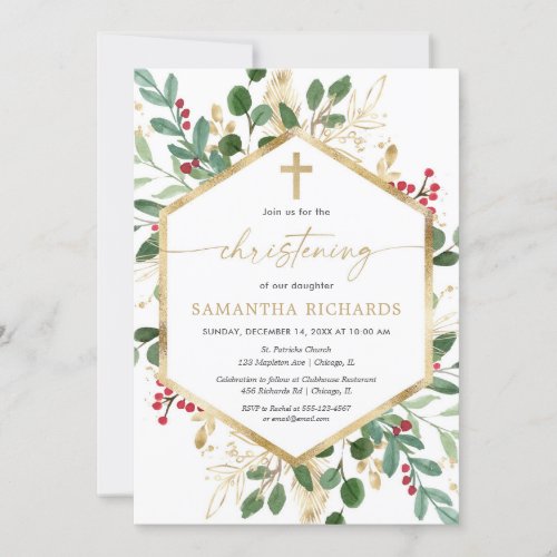 Christmas floral Christening red greenery gold Invitation