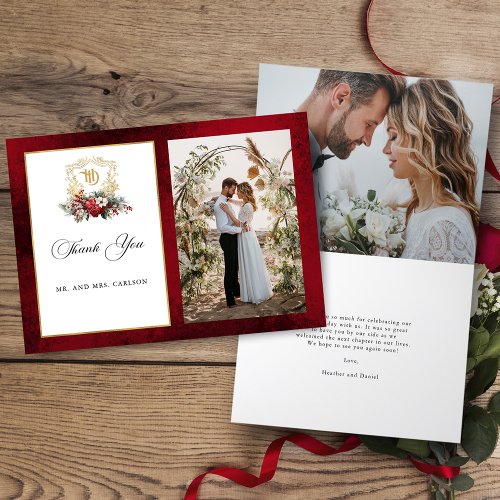 Christmas Floral Crest Monogram Photo Wedding Thank You Card