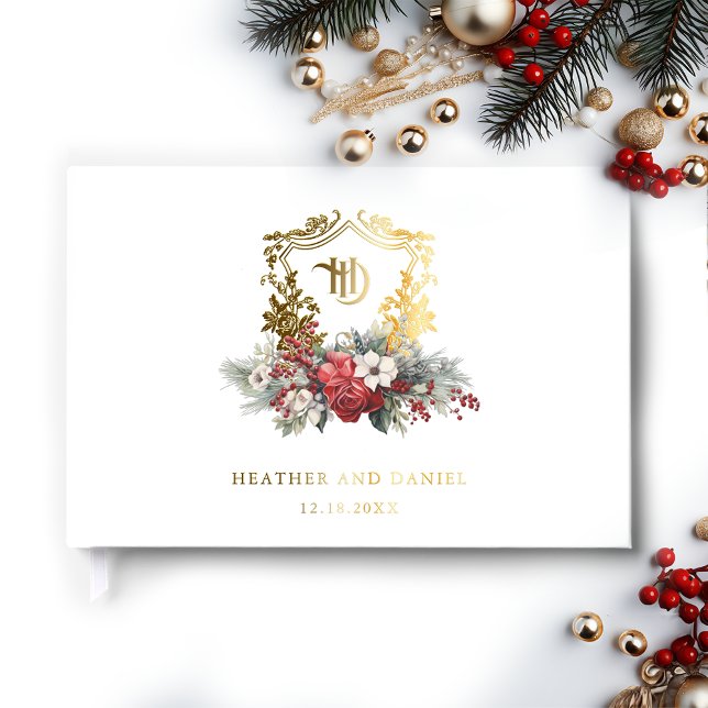 Christmas Floral Crest Monogram Wedding Foil Guest Book (Creator Uploaded)