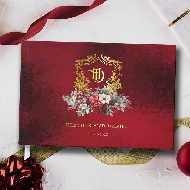 Christmas Floral Crest Monogram Wedding Foil Guest Book (Creator Uploaded)