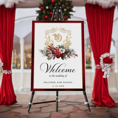 Christmas Floral Crest Monogram Wedding Welcome Foam Board