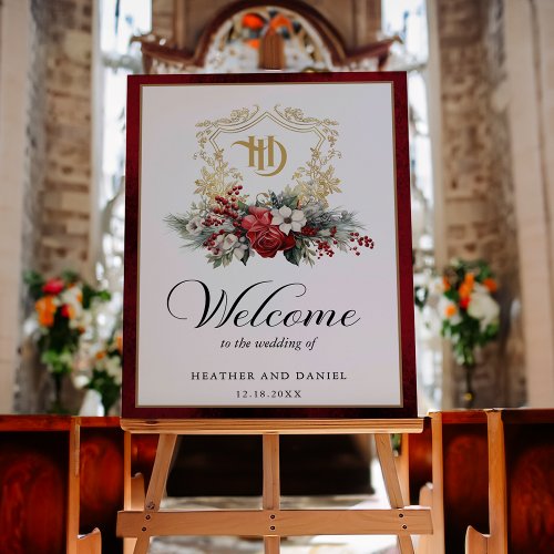 Christmas Floral Crest Monogram Wedding Welcome Poster