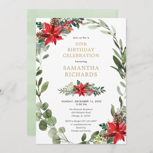 Christmas floral elegant watercolor birthday party invitation (Front/Back)