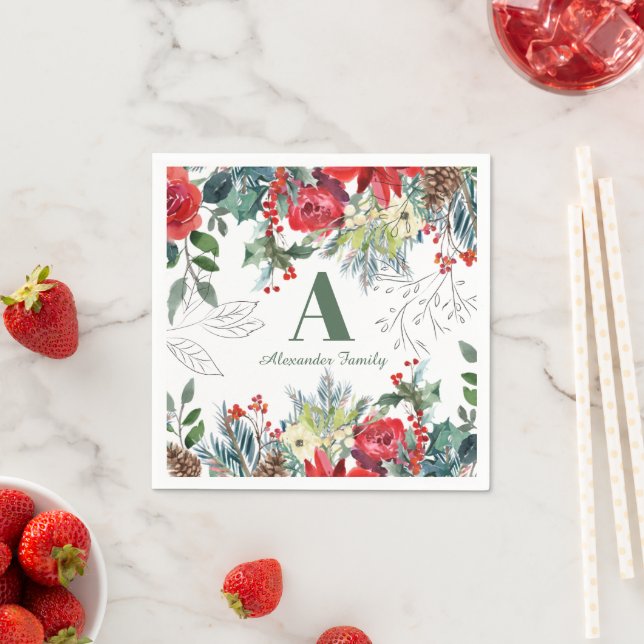 Christmas floral family elegant green monogrammed napkins (Insitu)