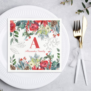 Christmas floral family elegant red monogrammed napkins