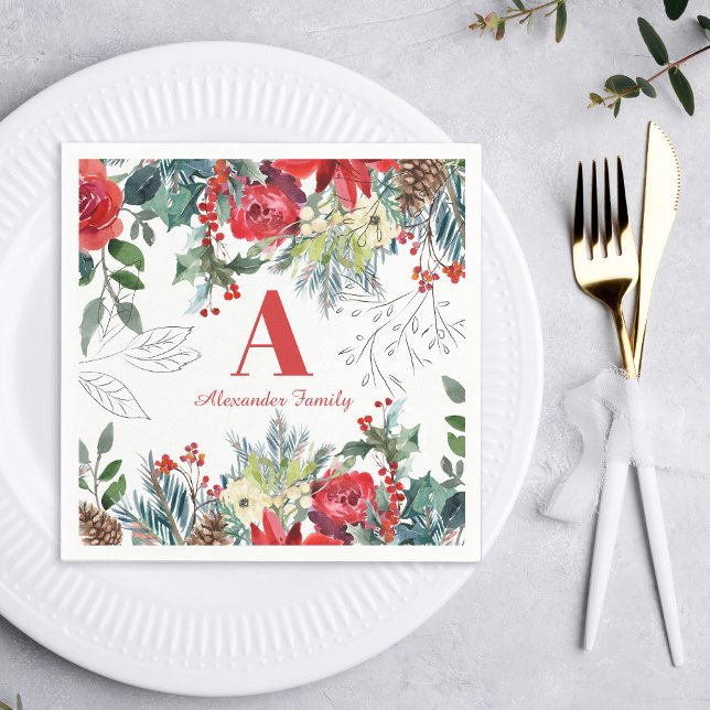 Christmas floral family elegant red monogrammed napkins (Creator Uploaded)