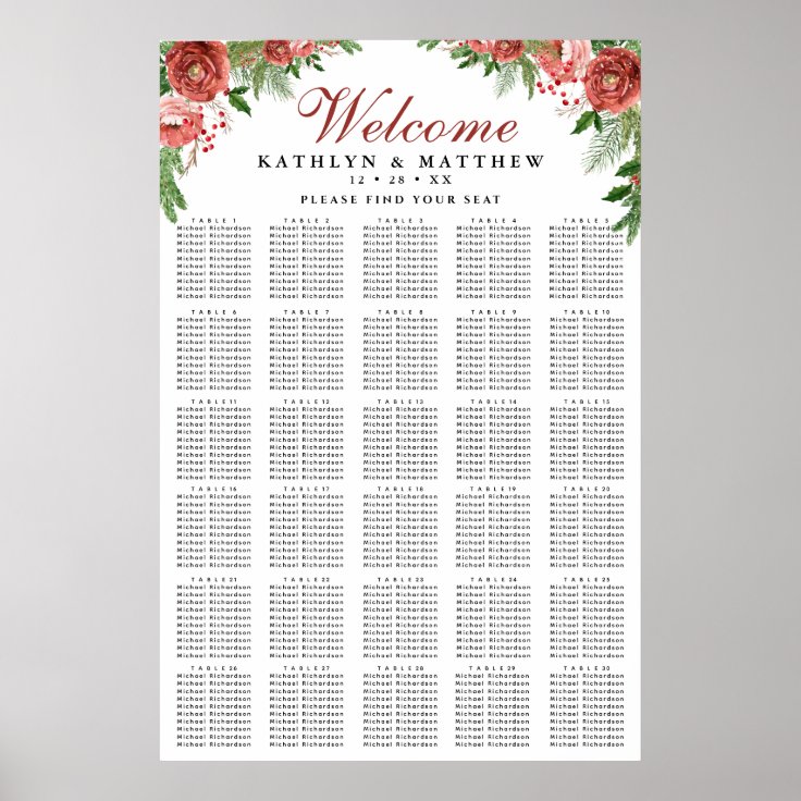 Christmas Floral Foliage Wedding 30 Table Seating Poster Zazzle