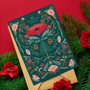 Christmas Floral Folk Art Deep Forest Green Holiday Card