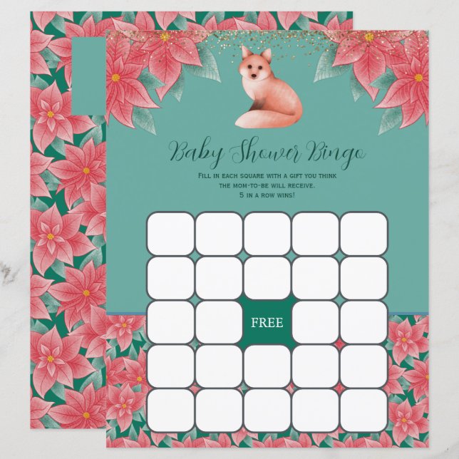 Christmas Floral Fox Baby Shower Bingo Game (Front/Back)