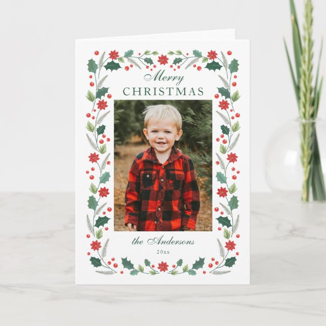 Christmas floral Frame Photo White Holiday Card (Front)