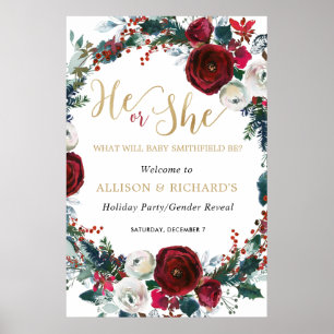 Christmas Floral Gender Reveal Holiday Party Poster