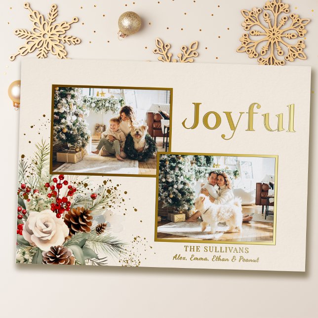 Christmas Floral Gold Joyful Text 2-Photo  Foil Holiday Card (Creator Uploaded)