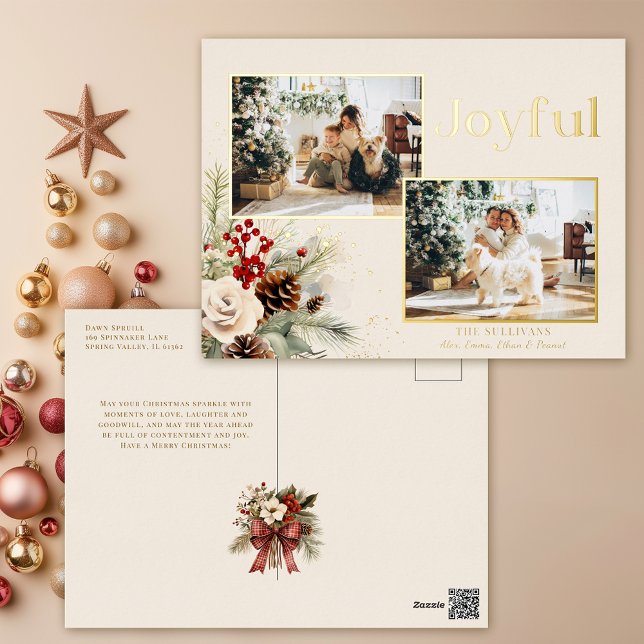 Christmas Floral Gold Joyful Text 2-Photo  Foil Holiday Postcard (Creator Uploaded)