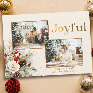 Christmas Floral Gold Joyful Text 2-Photo  Holiday Card
