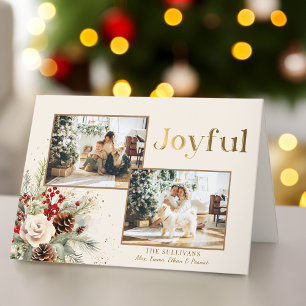 Christmas Floral Gold Joyful Text 2-Photo  Holiday Card