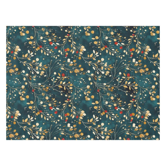 Christmas Floral Gold, White with red berries Tablecloth (Front (Horizontal))