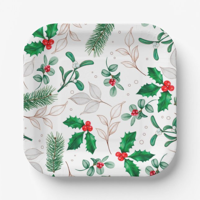 Christmas Floral Greenery Festive Winter Holidays Paper Plates (Front)