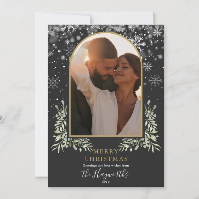 Christmas Floral Greenery Gold Arch Photo Holiday Card (Front)