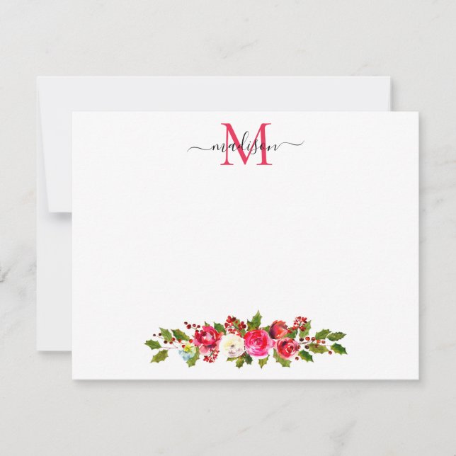 Christmas Floral Greenery Holly Berries Monogram Note Card (Front)