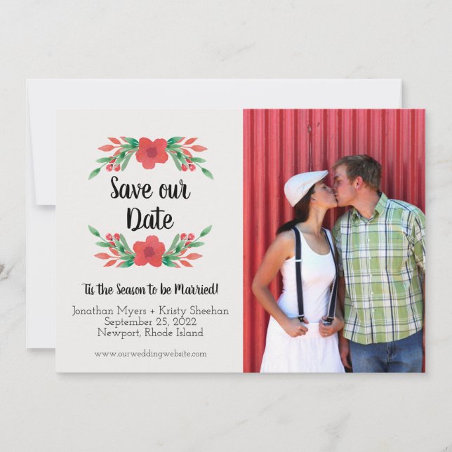 Christmas Floral Holiday Save the Date Photo Card (Front)