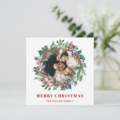 Christmas Floral Holly and berries wreath 2 Photos Holiday Card | Zazzle