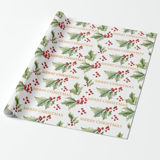 Christmas Floral Holly Red Berries Wrapping Paper (Unrolled)