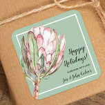 Christmas Floral Homemade Goods Holiday Baking Square Sticker<br><div class="desc">Create stickers to label your Christmas holiday homemade goods,  cookies,  candy,  treats,  party favors and more featuring a beautiful hand painted watercolor pink protea floral blossom on a mint green background,  and your message in chic lettering.</div>