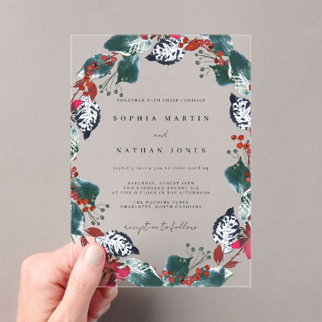 Christmas Floral Leaf Clear Wedding Acrylic Invitations (Insitu (Handheld))