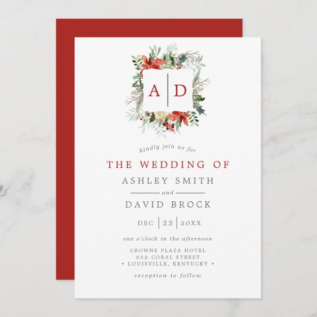 Christmas Floral Monogram Red And Green Wedding Invitation (Front/Back)