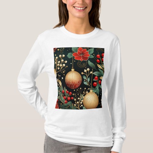 Christmas Floral Ornaments Berry Gold Red  T_Shirt